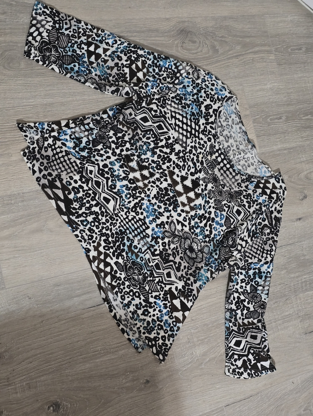 Jane Ashley Black White and Blue Beaded Mixed Print Long Sleeve Top